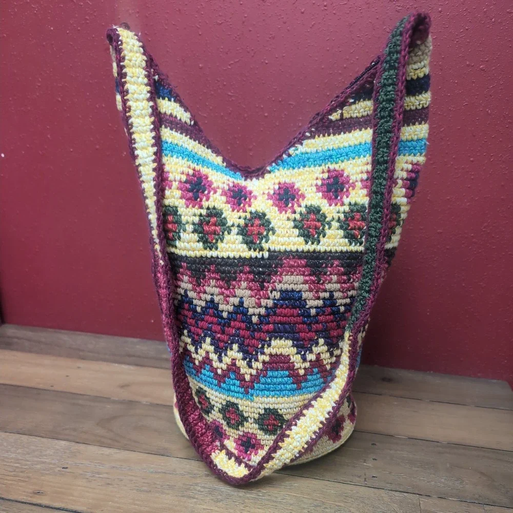 Vintage Crochet Bucket Bag Boho Indie Festival Hippie Shoulder Crossbody Purse
